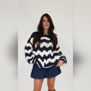 Women's Navy and White Chevron Chunky Knit Sweater